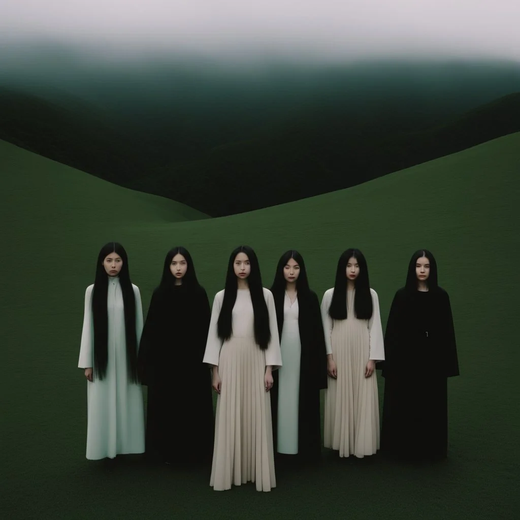 a group of women standing on top of a lush green hillside, inspired by Ren Hang, design milk, long black hair, whites, wanderers traveling from afar, trending on artisation, cloning spell, coat pleats, in twin peaks, submarine, by Helen Thomas Dranga, symetry, round-cropped, noire photo