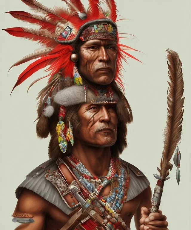 Guaicaipuro, native south american face, Muscular warrior, three red feathers headdress, holding spear