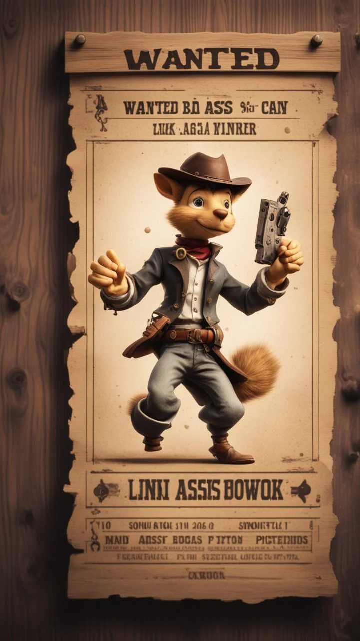 wanted poster on wooden wall depicting a handsome bad ass cowboy Lucky Luke squirrel ninja juggling pistols ,bokeh like f/0.8, tilt-shift lens 8k, high detail, smooth render, down-light, unreal engine, prize winning