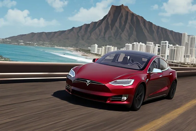 A Tesla 'Model 3' is racing at top speed, at the beach of Waikiki in Hawaii. CINEMATIC. WIDE ANGLE LENS. PHOTO REAL.