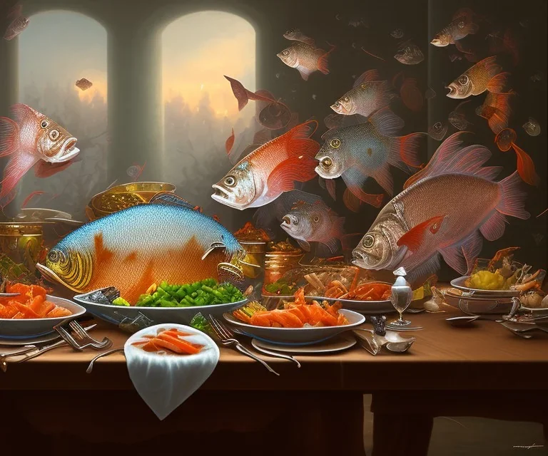 supper, fish sit at the table and eat pieces of people.