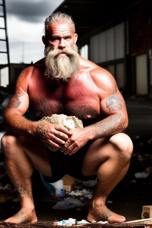 full figure shot frontal photography of a 58 year old dirty burly beefy gipsy carpenter wet sweat , tattoo, bullneck, long curly white beard , dreadlocks, manly chest, short white boxer, bulge, under the sun, sitting in the garbage outside an abandoned warehouse, misery and poverty, open legs, photorealistic, look at camera, very detailed , view from the ground , ambient occlusion