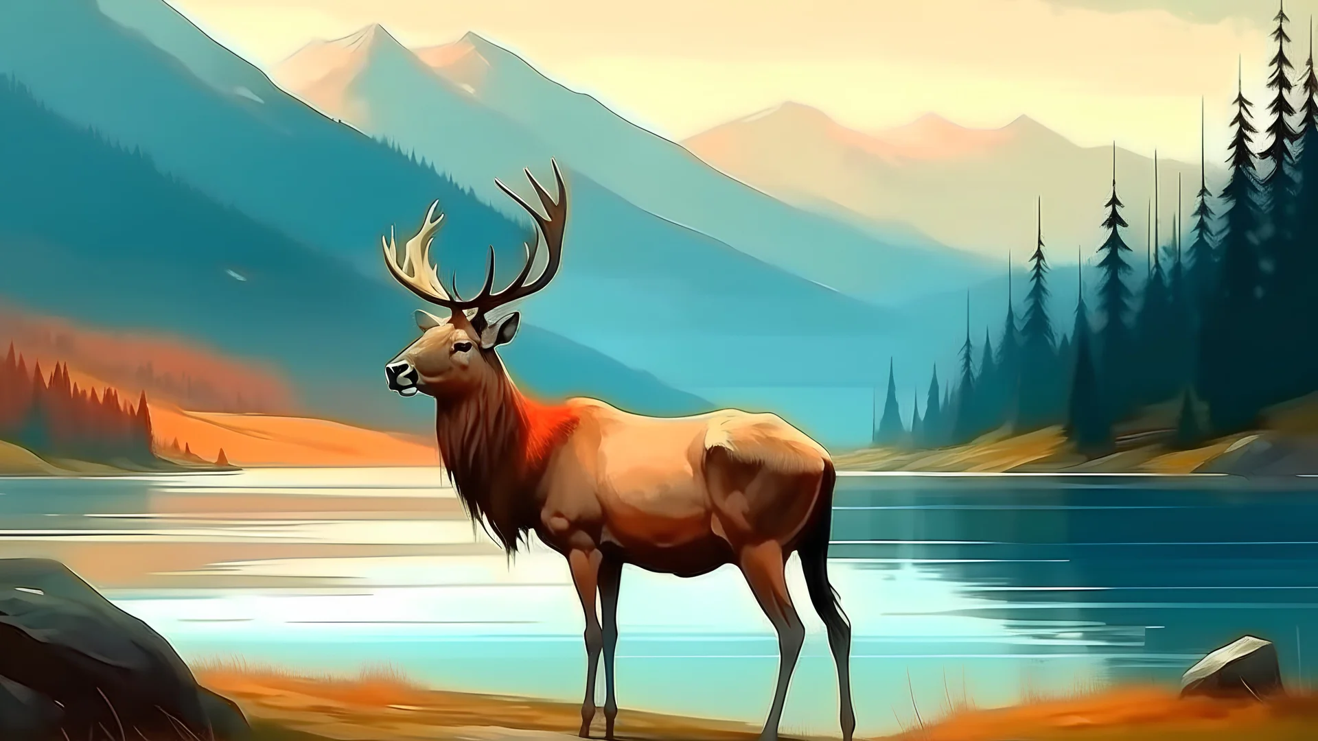 Elk, stag, antler, deer standing next to a lake. landscape mountains background, Digital oil painting