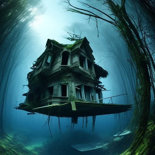 Abandoned house, overgrown, partially submerged,Interior, water inside