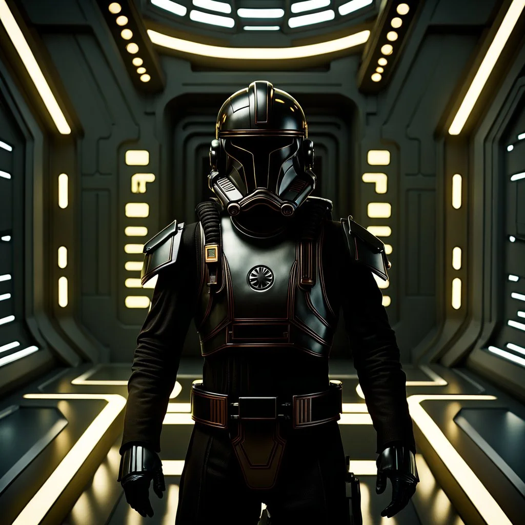 star wars bald male corellian pilot wearing gunmetal grey and black First Order armored special forces TIE pilot flightsuit and helmet with gold trim inside the jedi temple, centered head and shoulders portrait, hyperdetailed, dynamic lighting, hyperdetailed background, 8k resolution, volumetric lighting, fully symmetric details