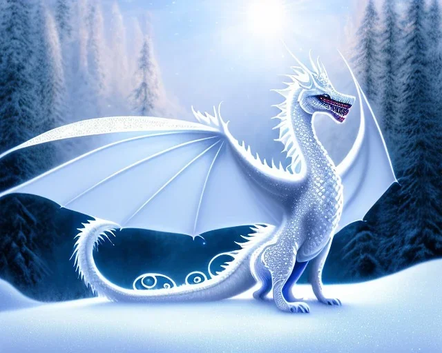 mdjrny-v4 style, a white dragon with fairy-like transparent glowing and sparkly wings standing in snow, full body, silver and teal background, glowing soft and smooth wings, realistic, highly detailed intricately detailed, shiny snowy background, soft studio lighting, trending on artstation, by artist "Julie Bell", by artist "Greg Rutkowski"