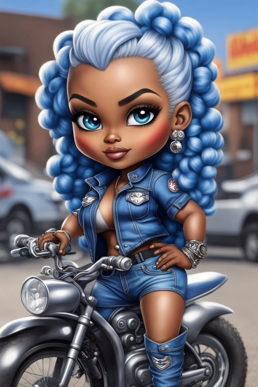 create an airbrush illustration of a chibi cartoon voluptuous black female wearing a blue jean outfit with biker boots. Prominent make up with hazel eyes. Extremely highly detail of a very low platinum blonde bantu knots. Background of a bike show.