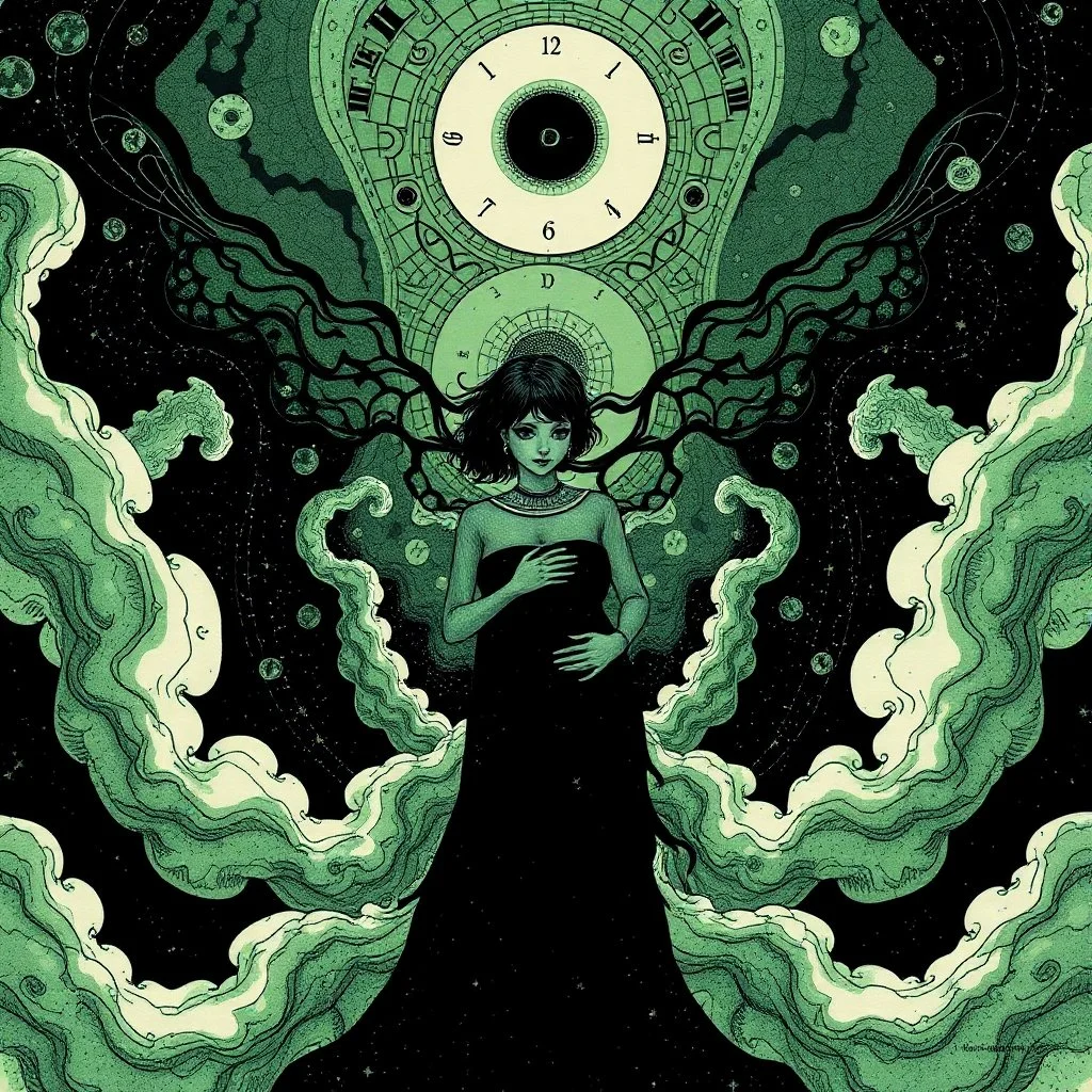 Negotiating dream frequencies culminating in a fetal absurdity, by Gabriel Pacheco, ink illustration, Green and black color scheme, abstract surrealism, art nouveau