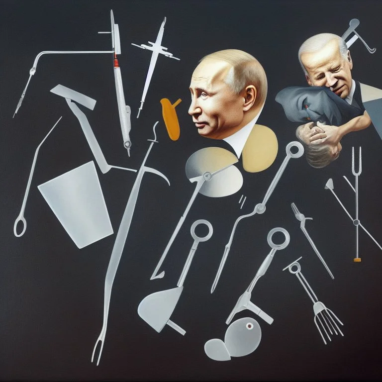 Complex Surgical Instruments crossing over Putin,President Xi jinping,Joe Biden hugging together with a Newborn Boy,black background,surrealism,minimalism,Painting By Adrian Ghenie,Rene Magritte,Salvador DaliLucian Freud,Michelangelo,Pablo Picasso