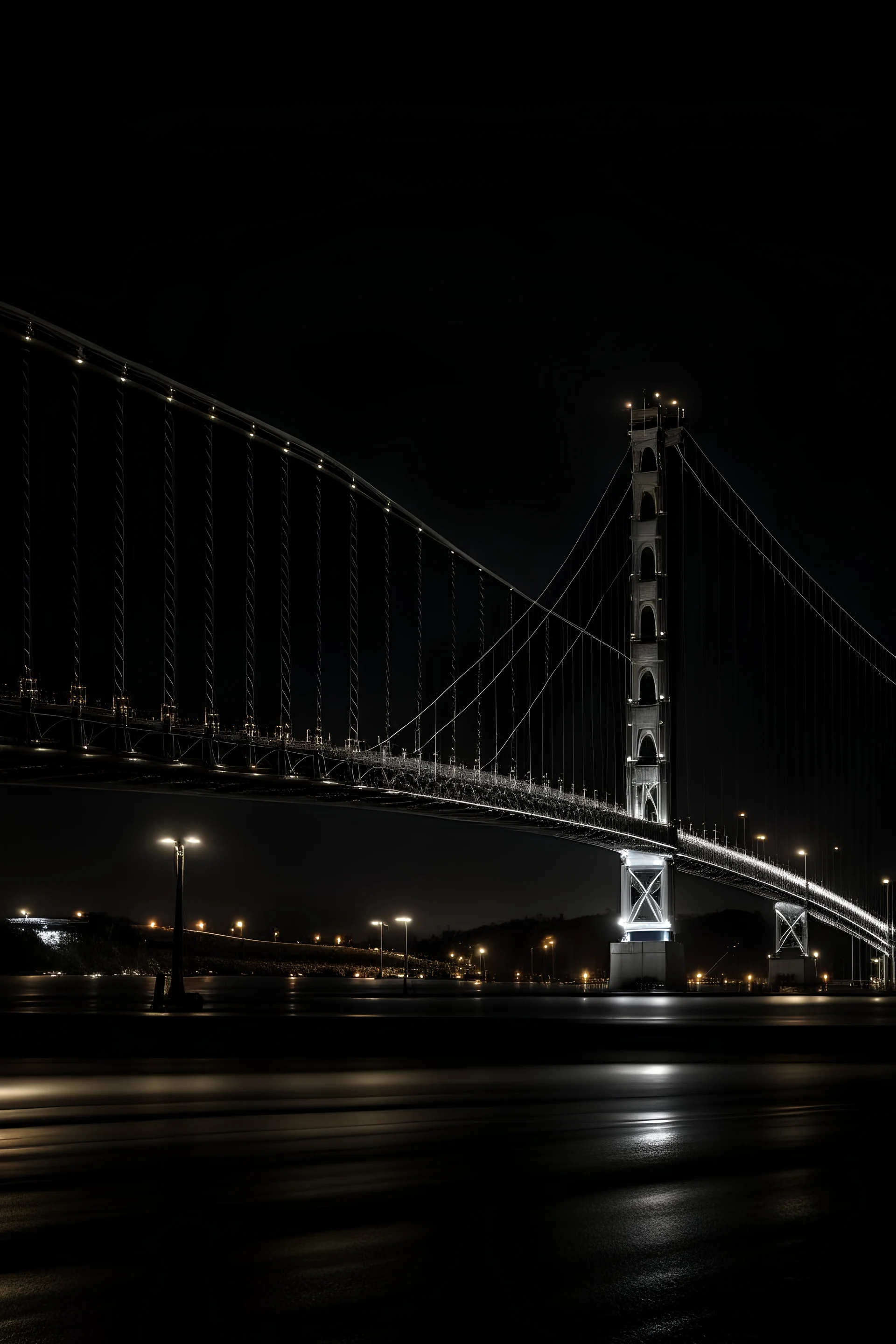 foto al estilo de Yousuf Karsh del puente colgante de santa fe capital Argentina, con sus luces encendidas y autos pasando