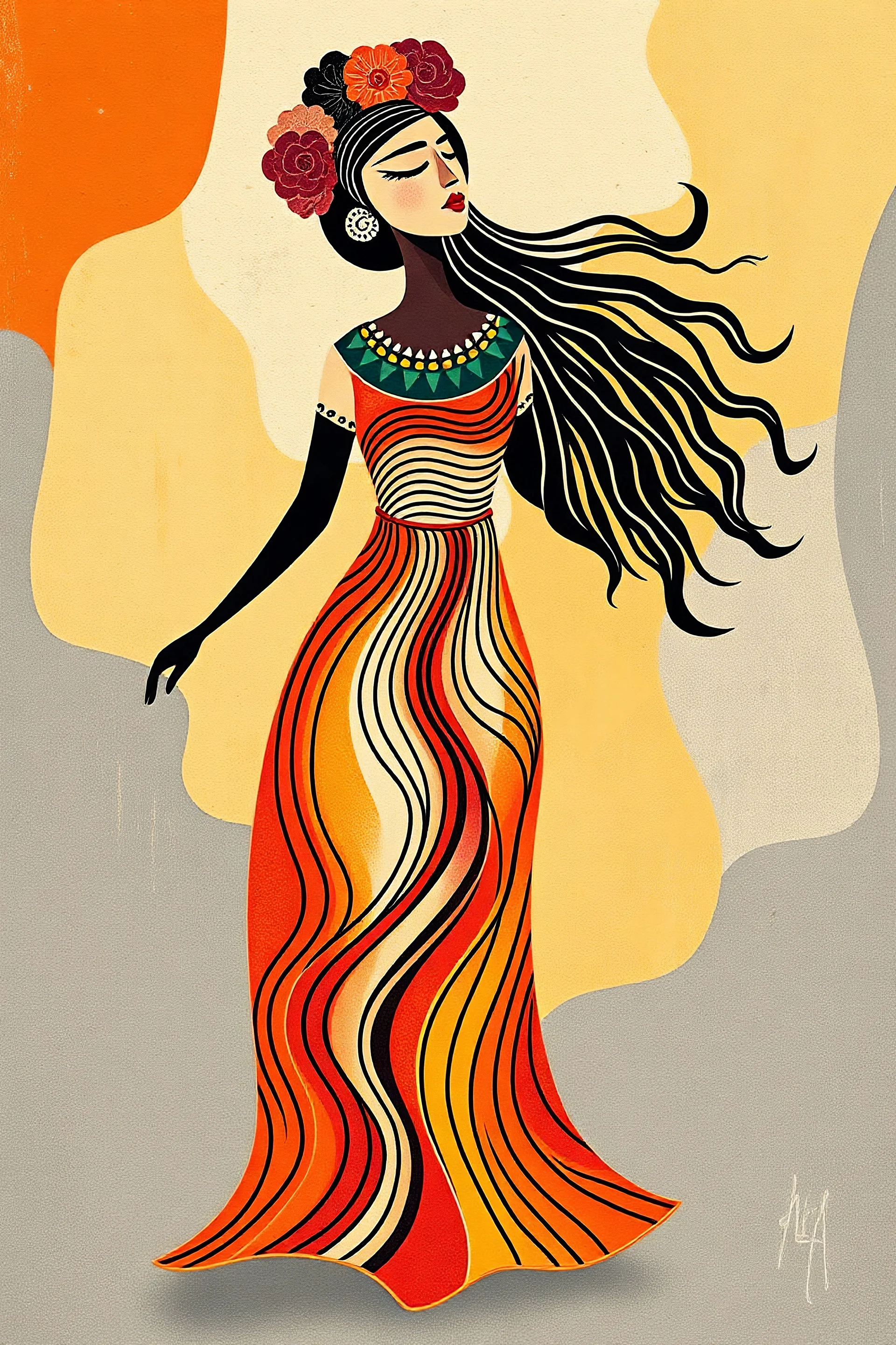 Contemporary Folkloric Art – Expressive Abstract Style with a Celebratory Feminine Spirit Theme: Inkan Girl Representing Harmony Style: A modern expressive approach infused with folk art influences, using bold flat colors and simplified forms. The style celebrates femininity and cultural vitality through symbolic motion and organic rhythm. Visual elements: – Repetitive, flowing lines shape the dress like a living pattern, resembling organic textile prints or natural waves. – Simplified facial
