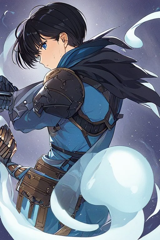 Motoko Kusanagi from "Ghost In The Shell (1995)", clad in medieval stell plate armour, alone, blue eyes, perfect, beautiful, black hair, in the style of 90-s anime, androgynous, melancholic, cold