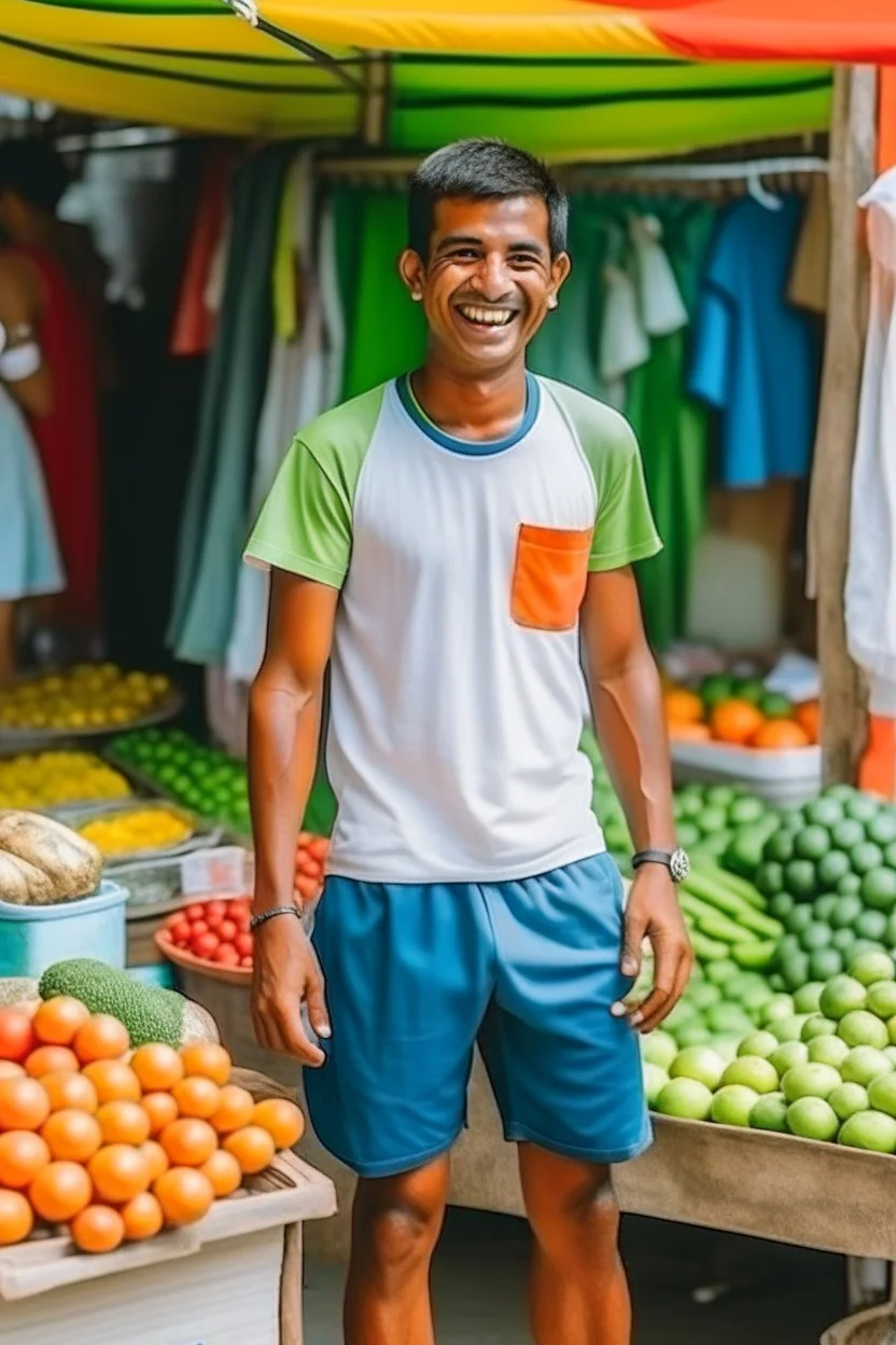 A fruit and vegetable seller wearing shorts and a summer T-shirt invites people to his shop with a smile