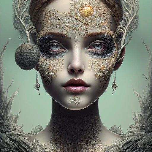 singer Danish <MØ> face, karlan, rusty metal, Dryad, fae, sidhe, ominous, wildflower, facepaint, dnd character portrait, intricate, oil on canvas, cute big circular reflective eyes, cinematic smooth, intricate detail , soft smooth lighting, soft pastel colors, painted Renaissance style