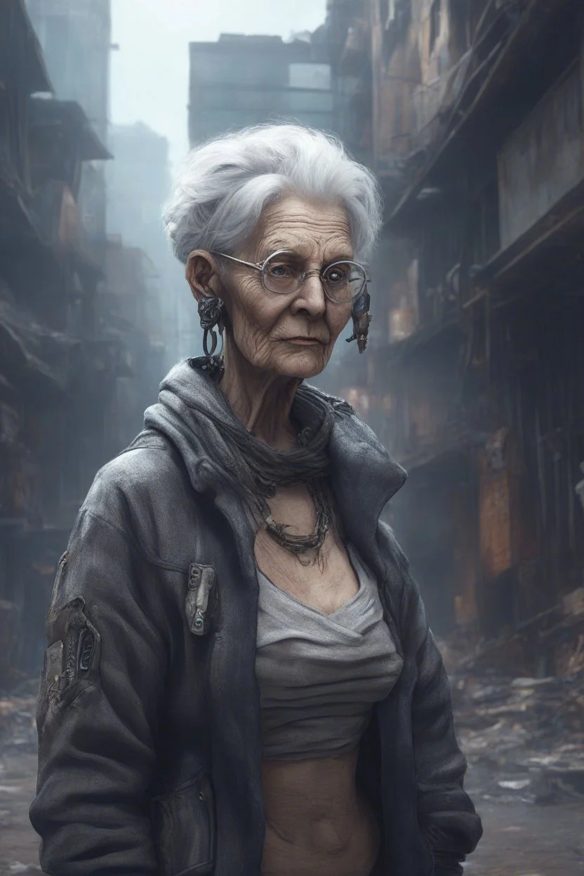 cyberpunk saggy granny woman, abandoned sci-fi town, future, sci-fi