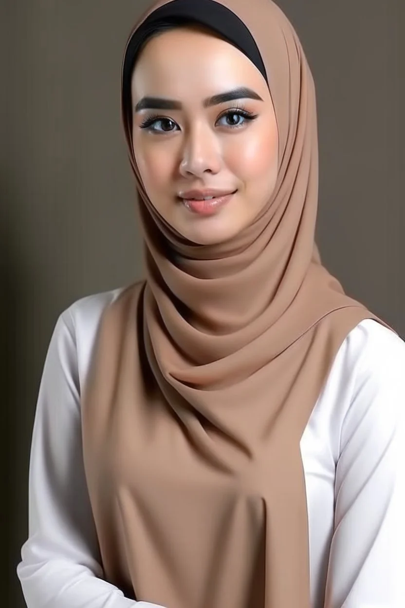 a muslim woman, fair skin, Malay race, standing posture, young executive