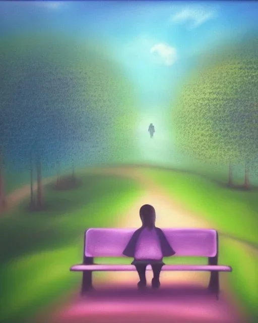 park mystical dream, park bench, man, woman, child, dog, trees, path, bird, sunshine, mystical, fantasy, romanticism, pastel colors, daylight, daytime, acrylic painting, detailed, soft focus,