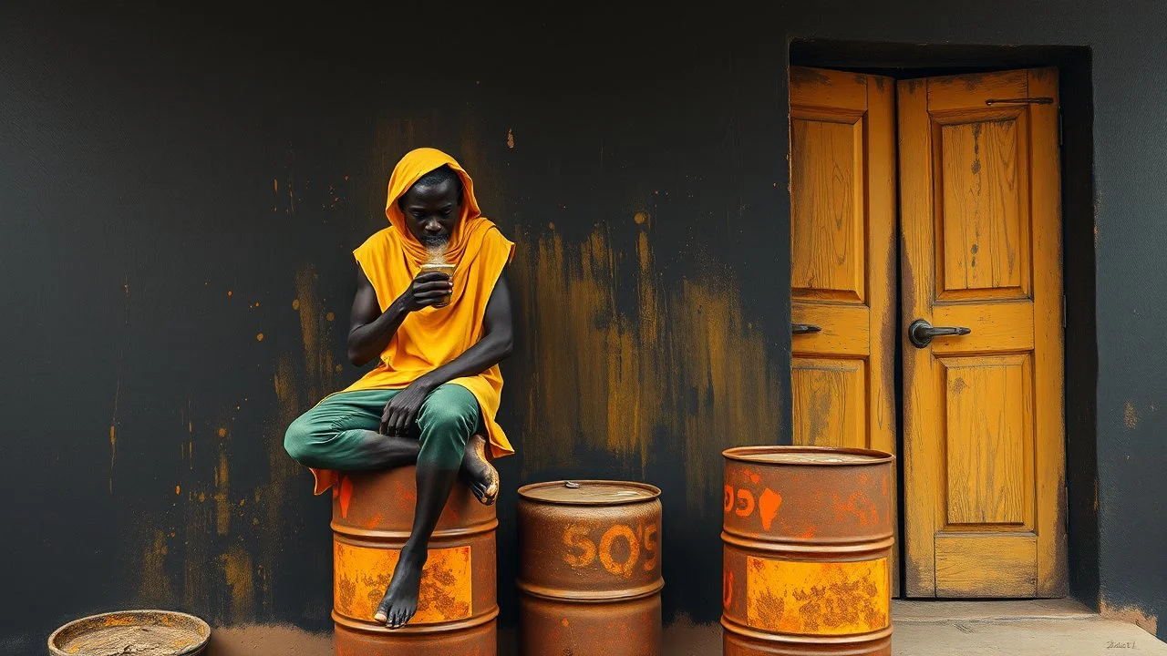 minimalist acrylic impasto painting of two skinny tall young black Somali neighbors sitting on rusty oil barrels drinking steaming coffee, wide angle, dynamic crude brush strokes, dusty yellow heat mood, peaceful vibe, tribal vibe, amazing reflections, amazing verticals, great parallels, warm shades of yellow, orange, green and black with sparse deep red leaks, afrofuturism, vibrant nighthawk people on a black wall, rusty village decay, arafed doors