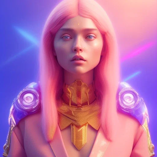 A portrait of a crystalised blue pink extraterrestrial, gold, diamonds, sunny background, atmospheric, realistic, unreal engine, 8k. Cinematic lighting, octane render.