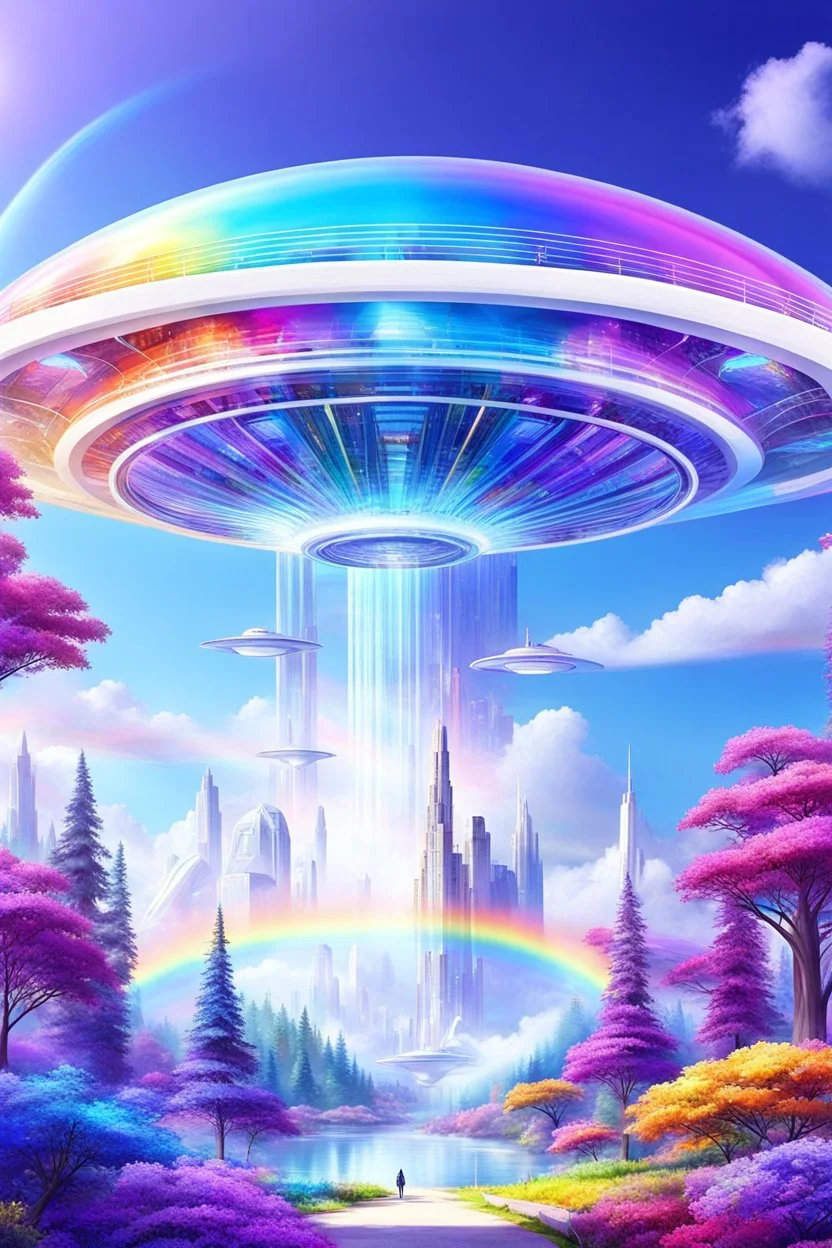 Ufo rainbow, futuriste ultra moderne,heaven,crystal very beautiful city,nature forest flowers colors