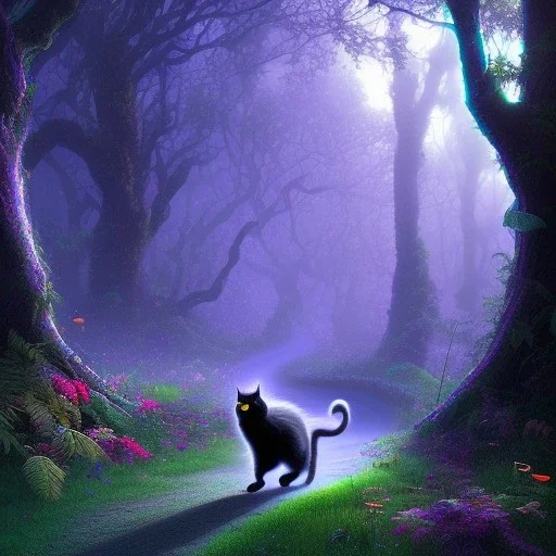 black cat, walking, psychedelic forest, crystals