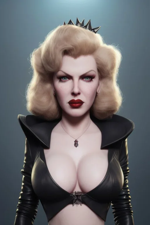 Lana Turner as evil queen in black leather, leather, busty, cleavage, angry, stern look. character design by cory loftis, fenghua zhong, ryohei hase, ismail inceoglu and ruan jia. unreal engine 5, artistic lighting, highly detailed, photorealistic, fantasy