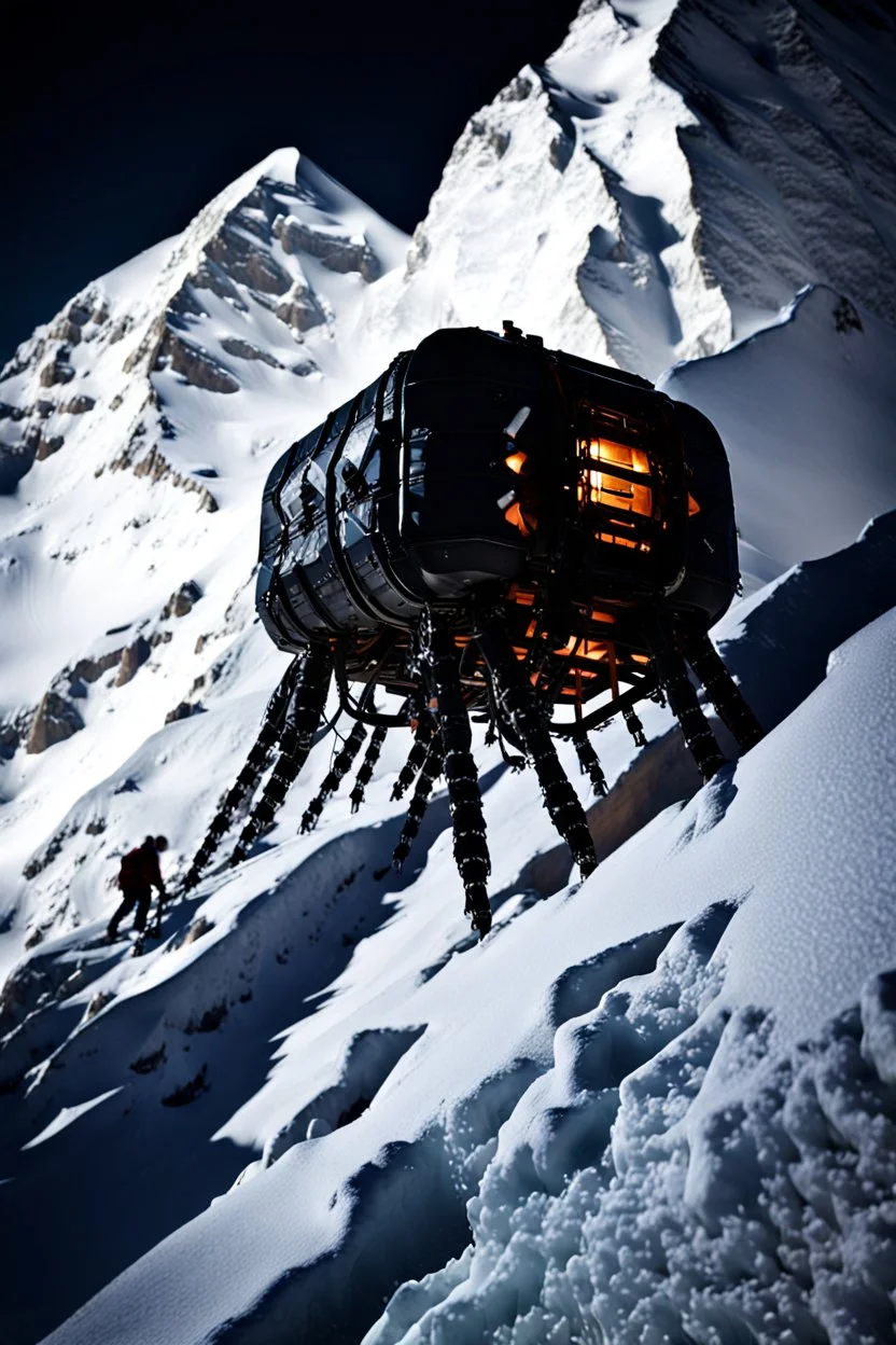 silhouette of a eight legs machine scaling a very steep snow covered side of mout everest at night, it has storage pods on its belly and humans can fit in the pods