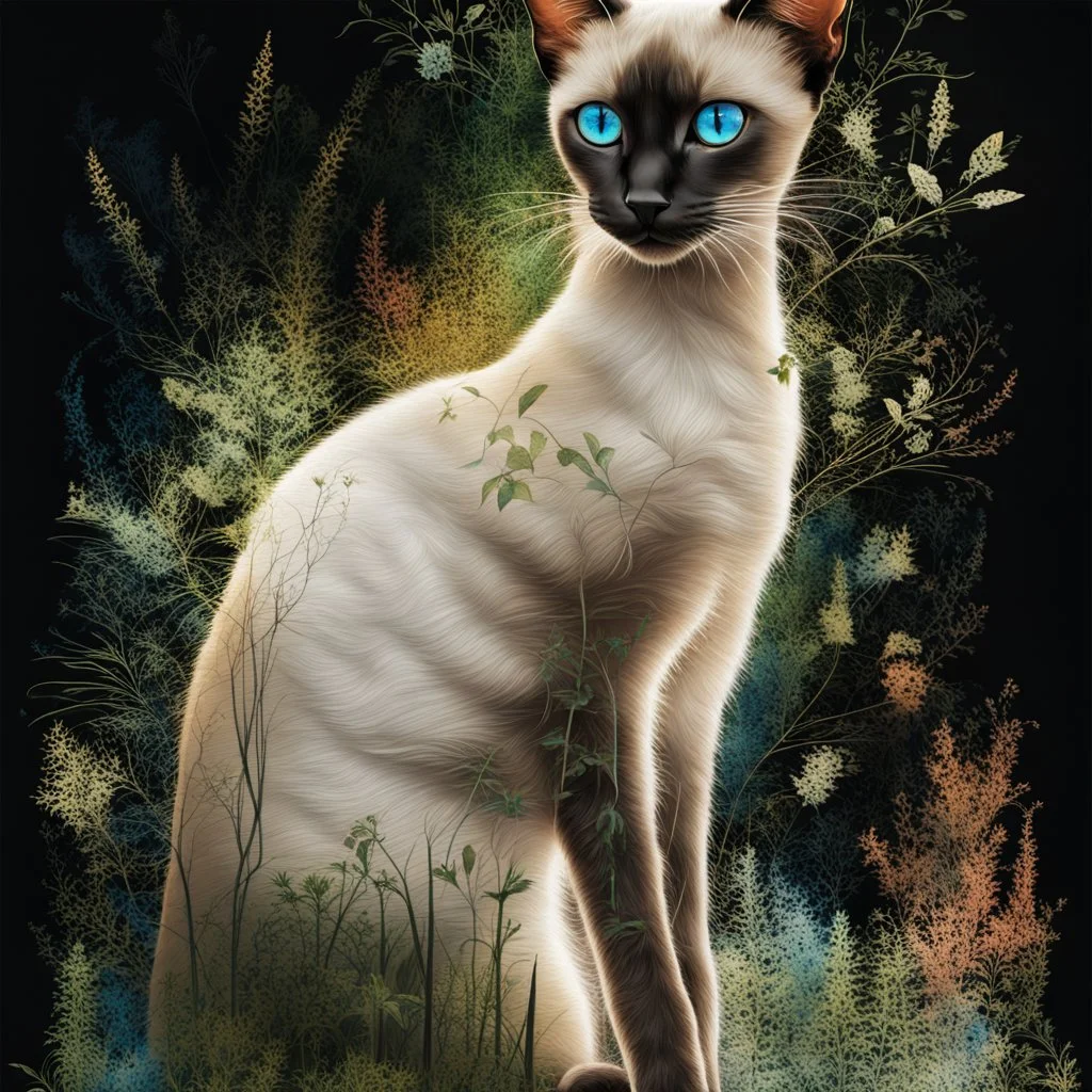 A captivating double exposure artwork masterfully blending a serene, vibrant landscape with the elegant outline of a slender Siamese cat. The cat, possessing striking blue eyes, is seamlessly integrated into the lush greenery, creating a harmonious fusion of nature and intricate details. Faint traces of plants add depth and texture, while the black background accentuates the striking contrast between the cat's silhouette and the natural scenery. This mesmerizing image evokes a sense of dark fant