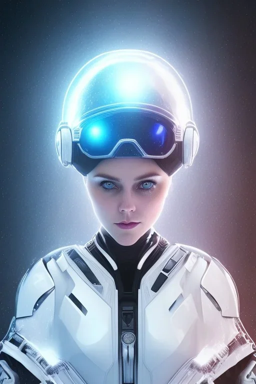 Black intergalactic pilot AnnaSophia Robb, portrait, bright white eyes, wearing high tech pilot helmet, beautiful face, white smoke, dark, rage, sorrow, high definition, ultra 8 k, volumetric lighting, blue fire, fog