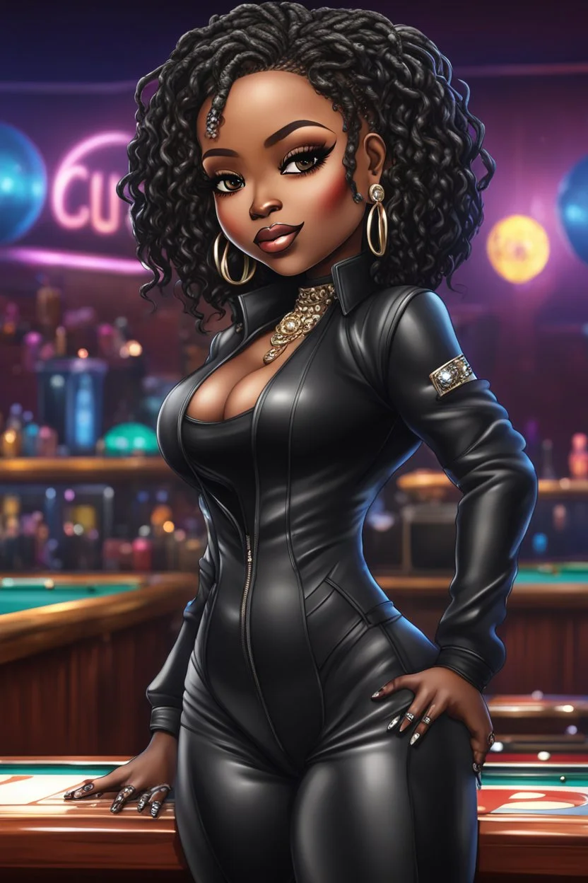 Create a digital airbrush chibi cartoon of a black curvy female wearing a black leather suit with black heels. Prominent make up with brown eyes. Highly detail black shiny locs that flow down her back. Extra-long diamond hoop earrings and jewelry. Background of a night club with a pool table behind her