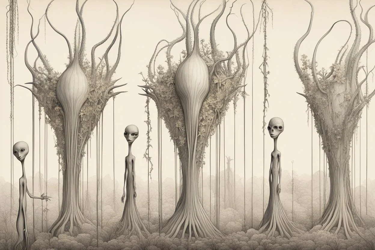 Long high Key-shaped plants, incredibly long-limbed thin alien-like cryptids called "Thins" wrapping themselves around the stems, garden catharsis expelling despair and fear, minimal strange unearthly landscape, surrealism, sharp focus, by Kay Nielson, by John Stephens, by Andy Kehoe, sinister whimsey, weird-land, sharp deep primary colors, art from beyond.