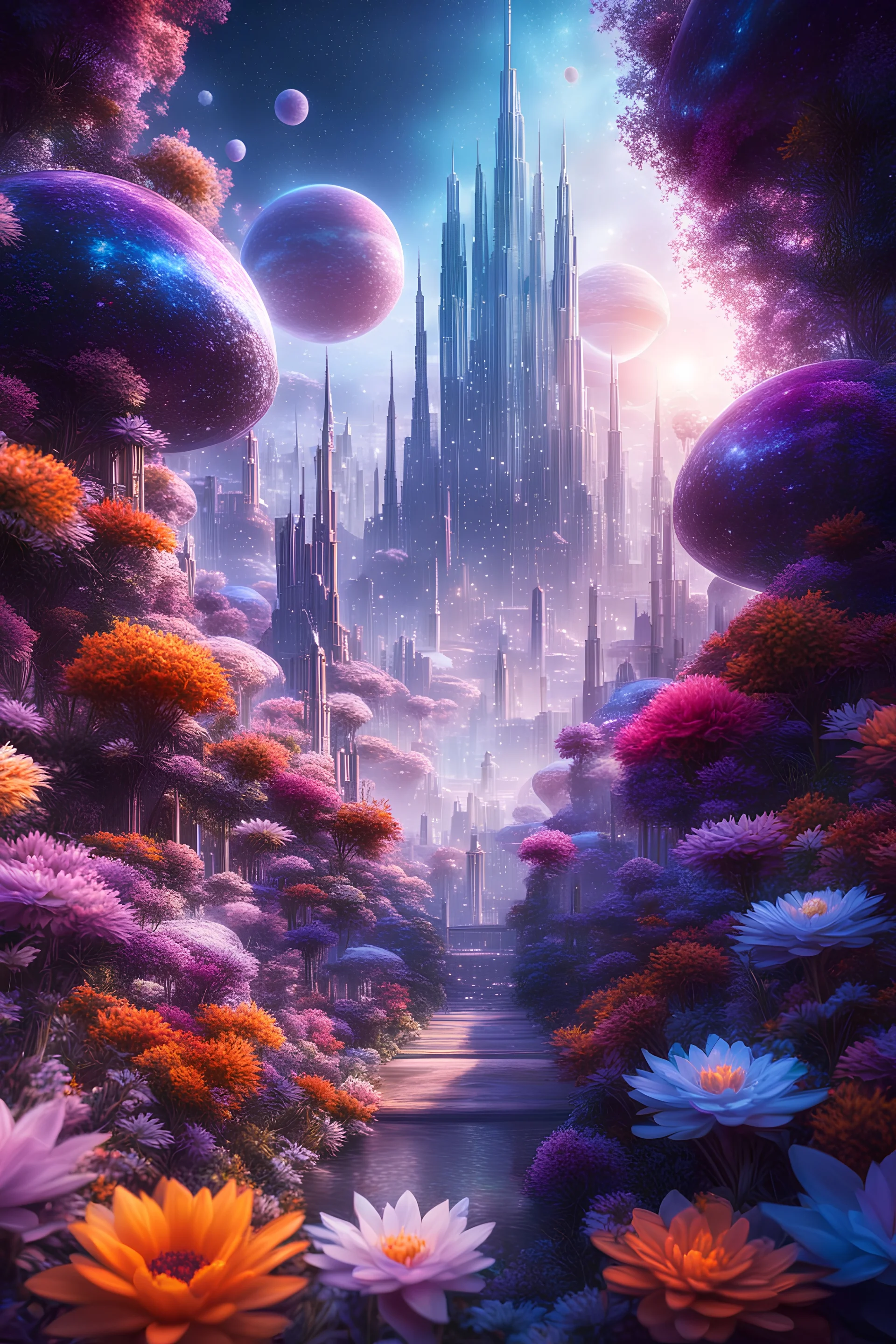 cosmic crystal galactic city, highly detailed, transparent textures, gardens full of flowers, hyper-detailed, beautifully color-coded, insane details, intricate details, beautifully color graded, Cinematic, Color Grading, Editorial Photography, Depth of Field, DOF, Tilt Blur, White Balance, 32k, Super-Resolution, Megapixel, ProPhoto RGB, VR, Half rear Lighting, Backlight, non photorealistic rendering