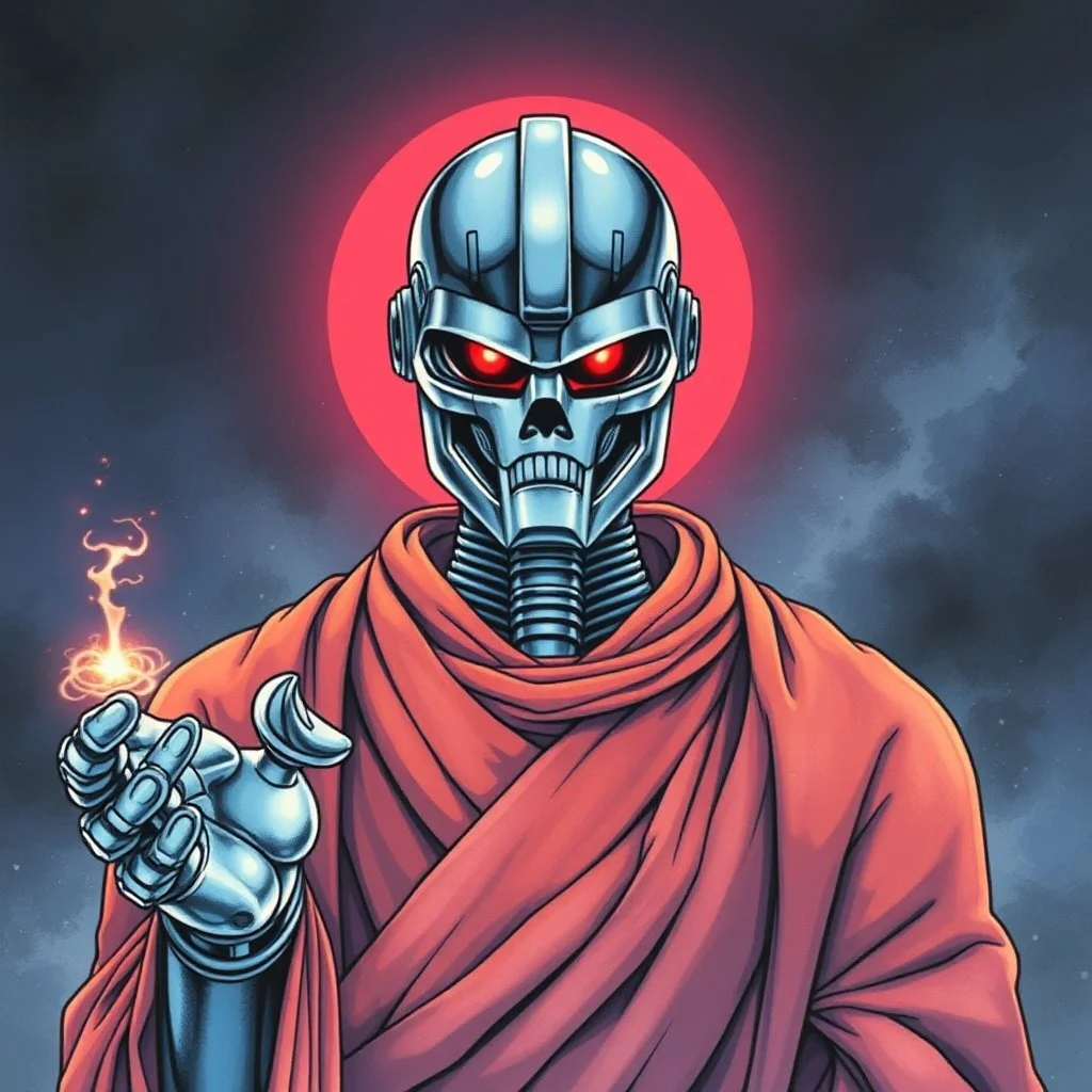 retro anime style, full color, dark serious 1980s anime terminator like robot, moebius artist, magic, watercolor, buddist monk robe,