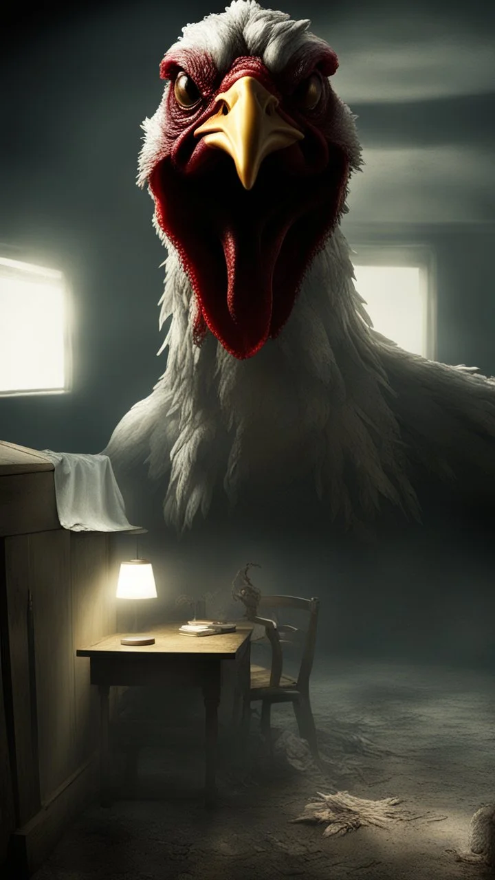 Generate a spine-chilling horror scene featuring a chicken monster as if it's a character from a terrifying movie, with eerie lighting and a haunting atmosphere , photo / ultra realistic."