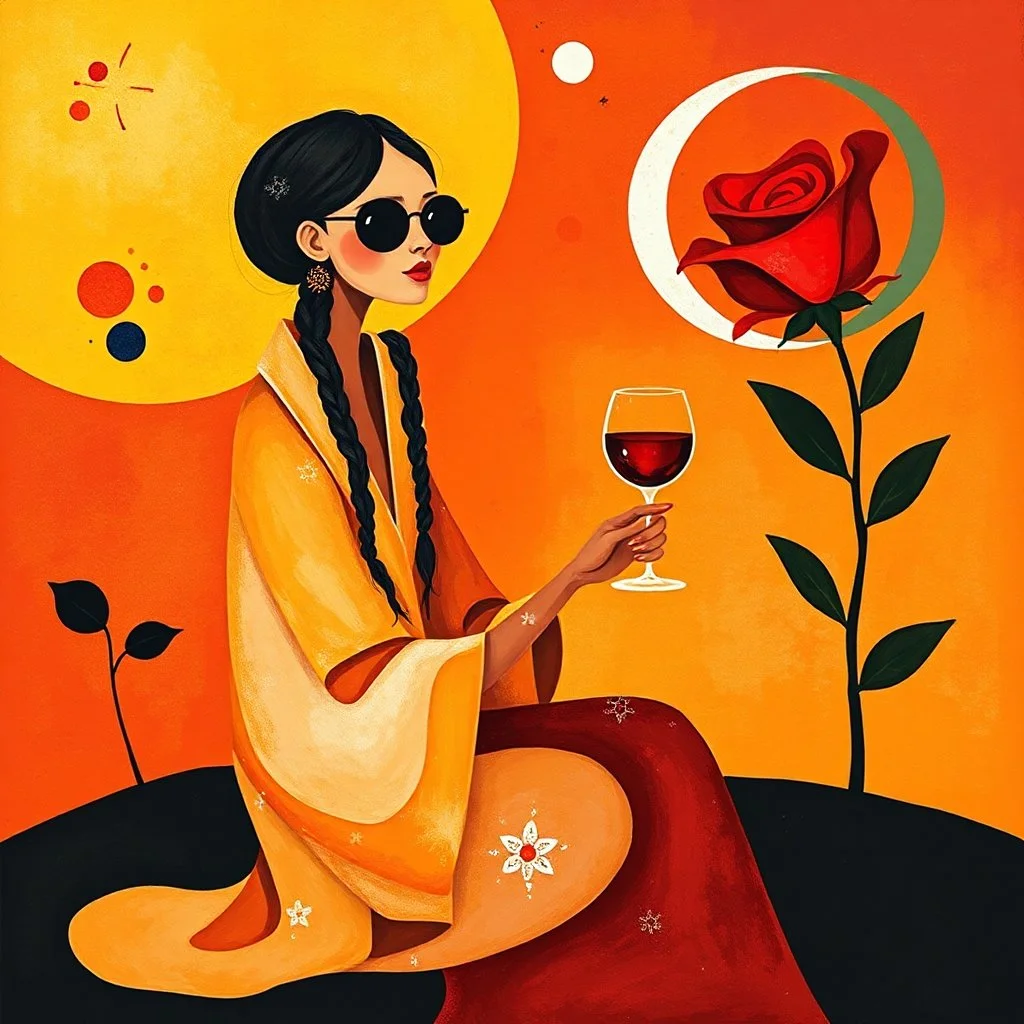 create an abstract surreal gouache painting inspired by Joan Miró, with symbolic shapes suggesting a woman in a robe with braided hair and sunglasses, sitting near a red rose, holding a glass of wine, abstract floating forms and playful cosmic shapes in a golden-red sunset palette --ar 16:9 --v 7 --style 4b --q 2