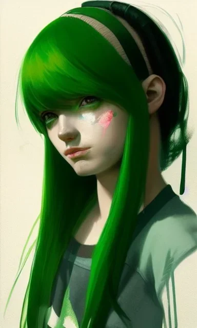 girl, cute, beautiful, green hair, casual clothes, head and shoulders portrait by Greg Rutkowski