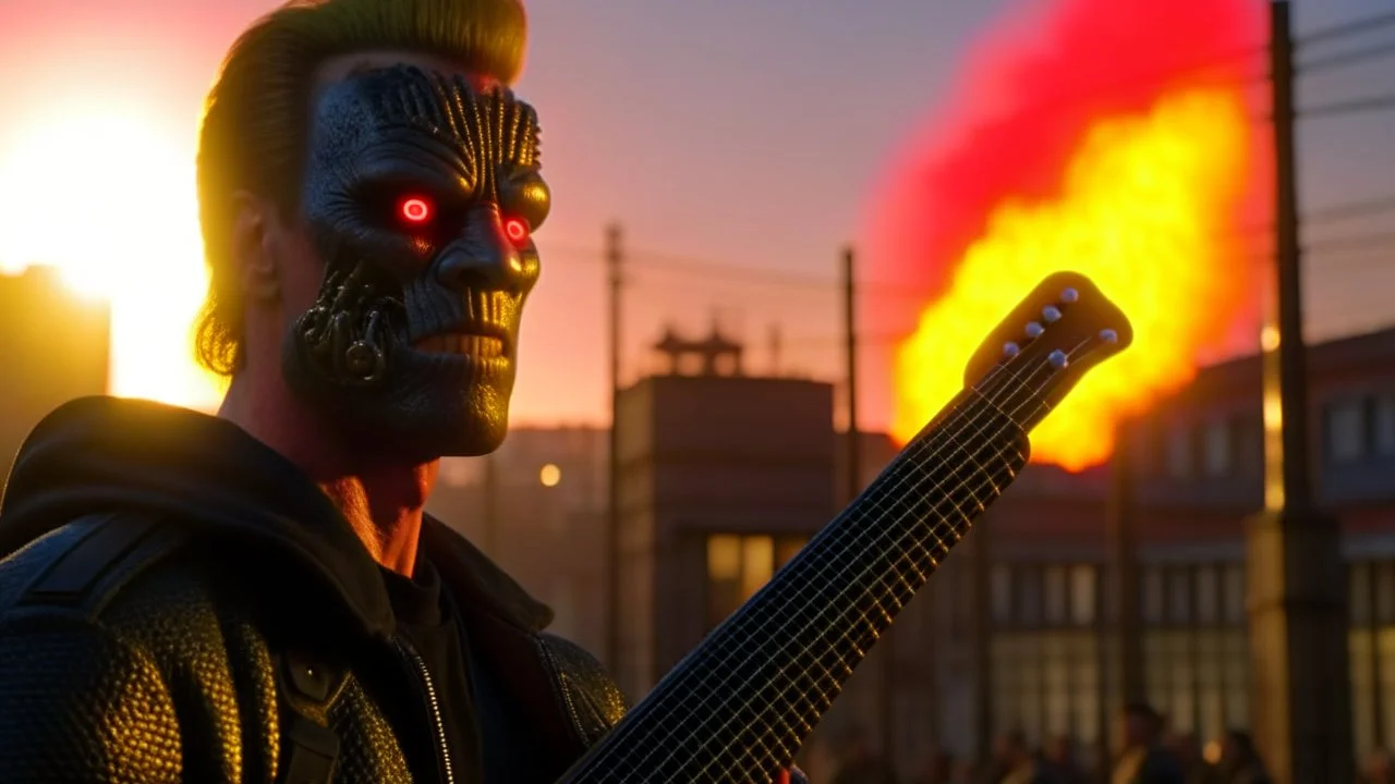 4K, ultra detail, ombres et reflets maximum, full realism terminator playing guitar in a nuked city in front of a crowd