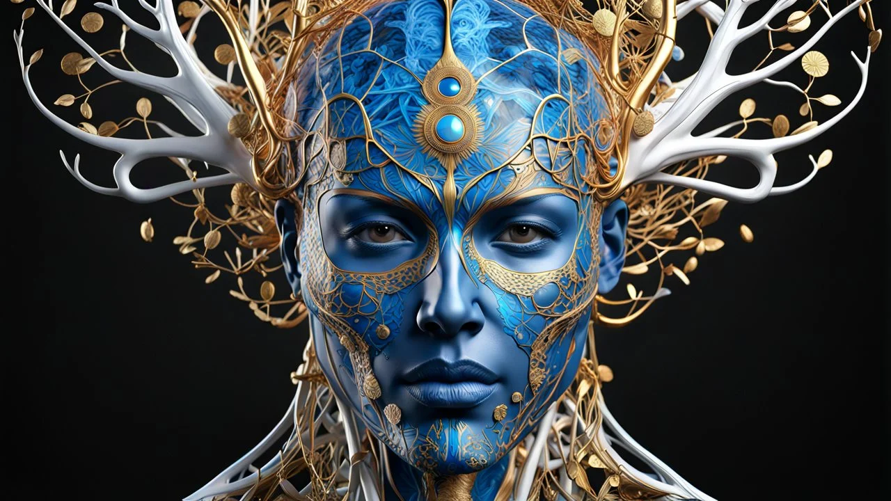 3D rendering of a blue head of an impressively detailed and complex hyper-realistic "human anatomy": scientific, single object, glossy white, shiny gold, vines, tribalism, black background, shamanism, cosmic fractals, octane rendering, 8k post-processing, detailed metallic bones, dendritic, artstation: award-winning: professional portrait: atmospheric: commanding: fantastic: clarity: 16k: ultra quality: astounding: shine: stunning colors: stunning depth