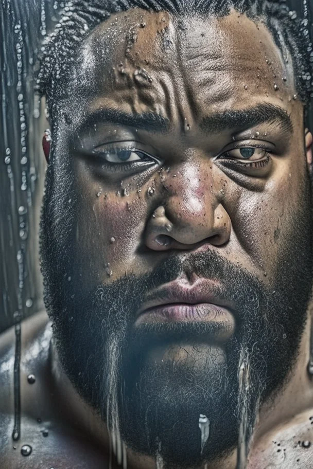 portrait 33 years old nigerian carpenter man hands behind the head , in an abandoned warehouse, serious, bearded burly chubby , serious eyes, under the shower, wet, dripping water, manly torso, photorealistic, 50mm photo, ambient occlusion , side view from the ground