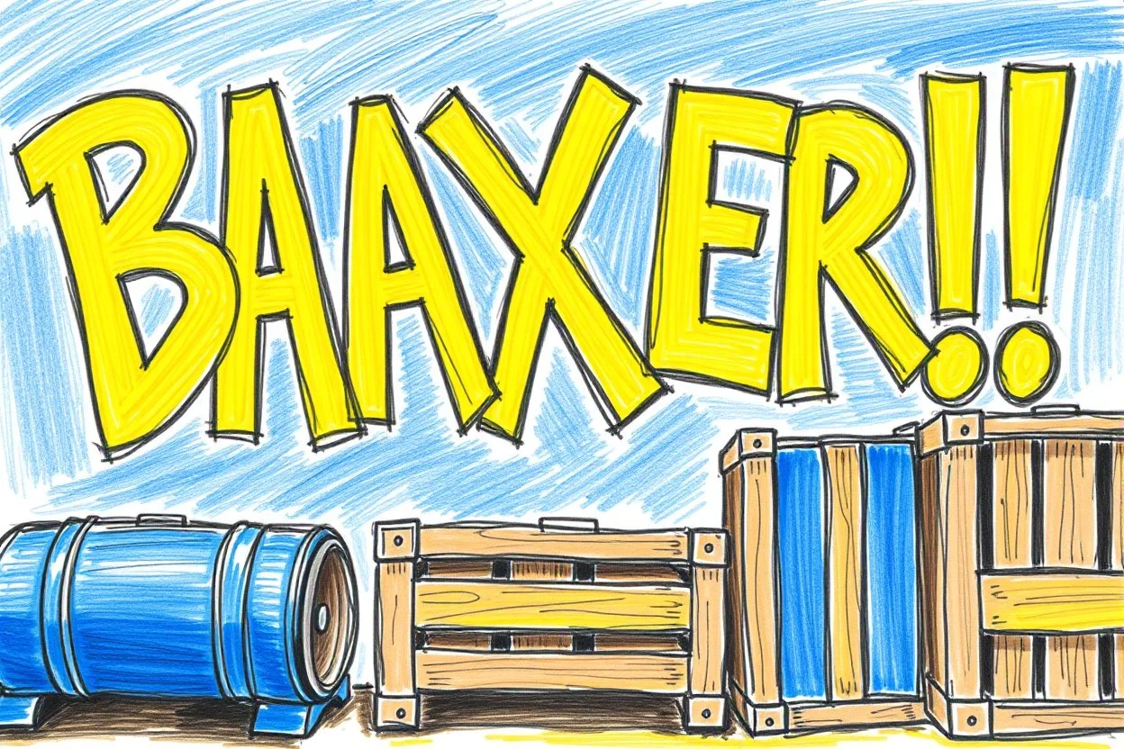 a drawing with sketch lead pencil, The word "BAXER" in yellow floating like a big sign, strong painting, strong expression, BAXER!, BAXER! the word Baxer, WOODEN CRATES AND BLUE BARRELS