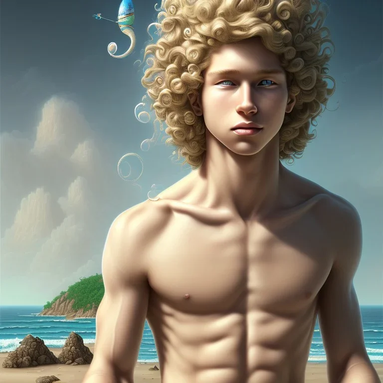 intricate, sharp focus, illustration, highly detailed, digital painting, germ and Paul Lewin and Kehinde Wiley, full body image of a beautiful 12 year old boy with long, blonde curly hair and light blue eyes, smiling, shirtless, in front of an distant beach