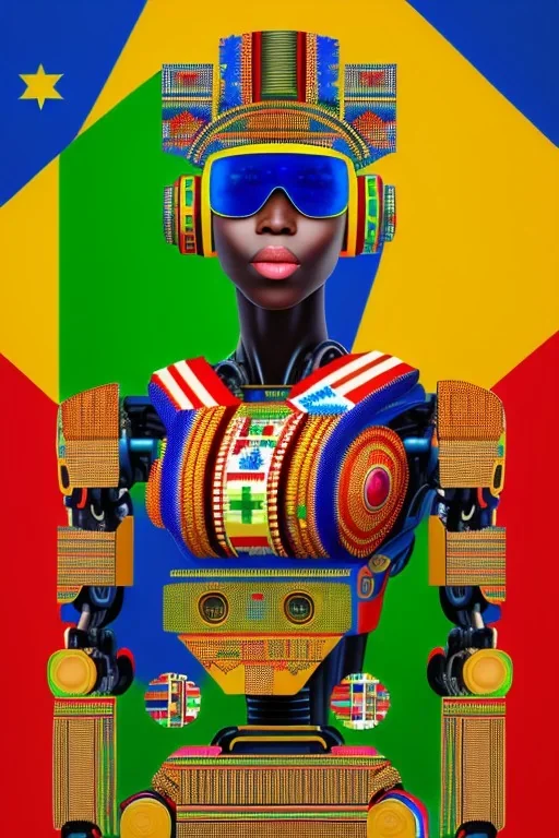 robot portrait in Kente, cinematic, ghana flag, african pattern symbols, engraved, 8k quality