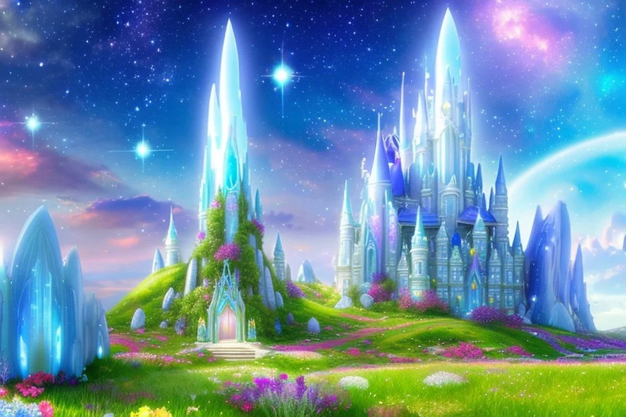 fairy and cosmic landscape with blue grass, magic plants, sky with light and stars. fairy white little castle with diamond. a big with bright spaceship with light