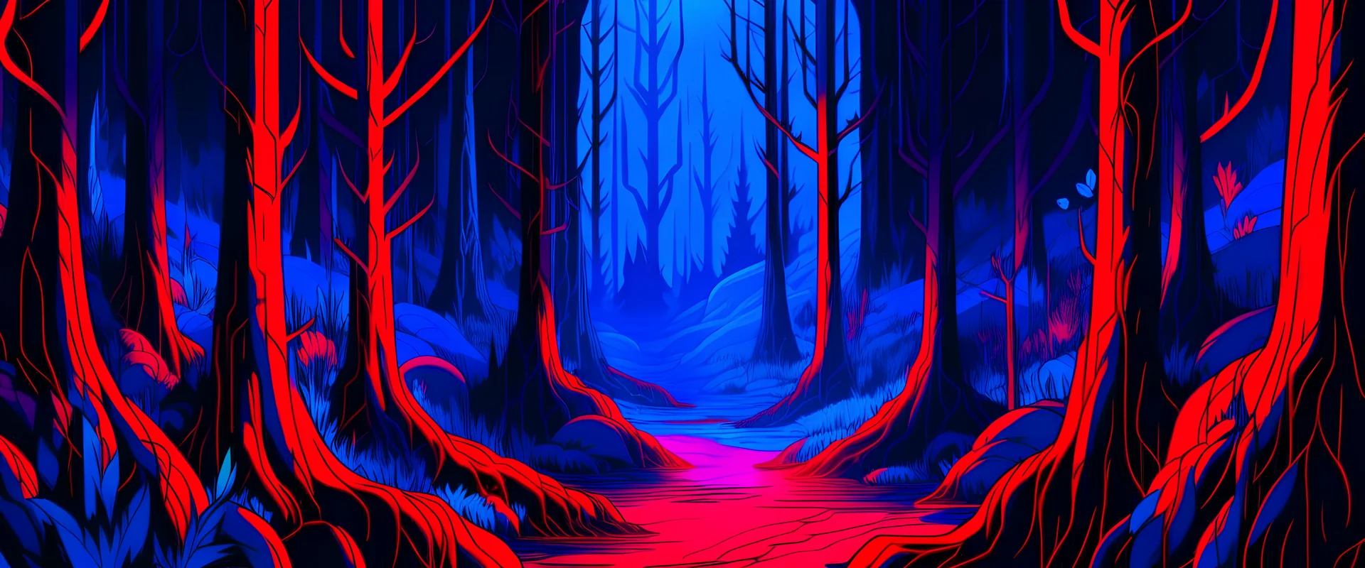 Dark hell forest in neon style red, blue and green colours in the far distance