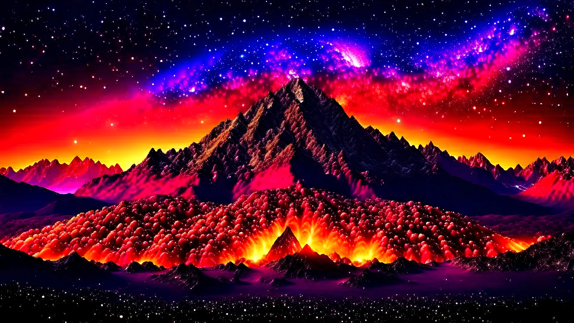 mountains. space color is dark ORANGE vulcvolcano where you can see the fire and smell the smoke, galaxy, space, ethereal space, cosmos, water, and panorama. Palace, Background: An otherworldly planet, bathed in the cold glow of distant stars. gloomy landscape with dramatic HD highlights detailled