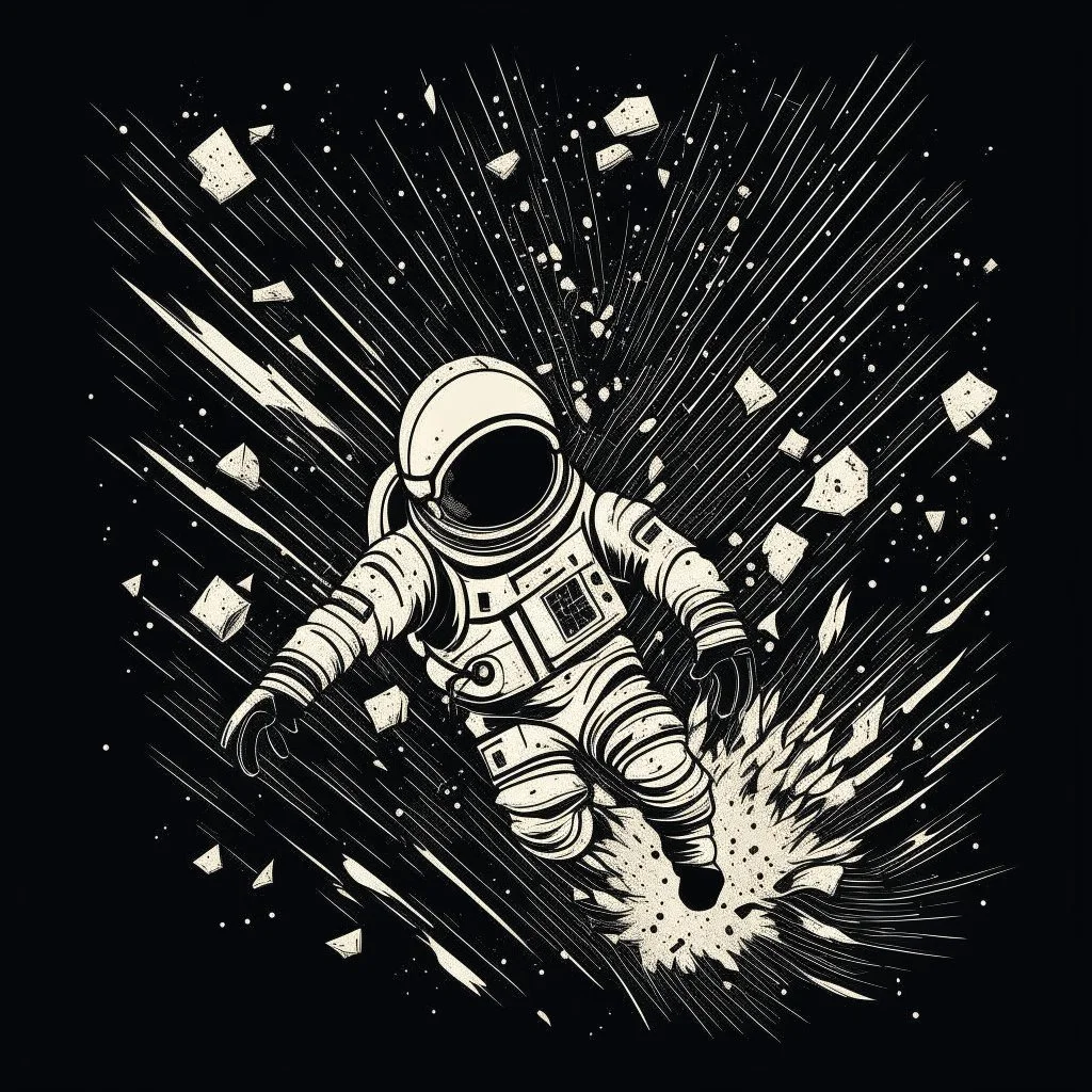 sinister disintegrating illustration, cursed astronaut eschatology, exploding star, fragmented composition, minimalism