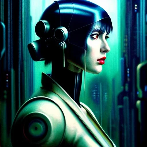 fullbody portrait in oil on canvas ,beautiful female robot, ominous, intense stare, sad eyes, post-apocalyptic in a cyberpunk city, ghost in the shell, BladeRunner movie poster, masterpiece, realistic, intricate detail, sci-fi fantasy style, volumetric lighting, particles, highly detailed ,cinamatic , deep colours,8k, by Caravaggio