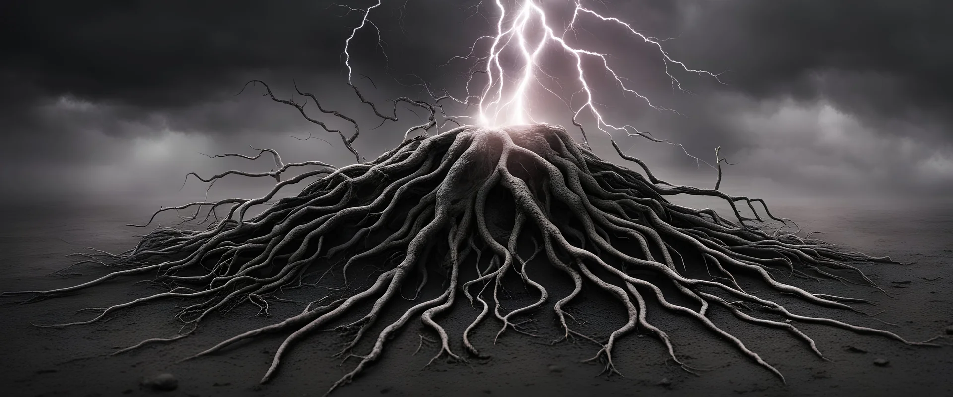 BLACK MARBLE AND LIGHTNING BOLTS, PLANT ROOTS IN THE SOIL, BLOOD VESSELS AS ONE