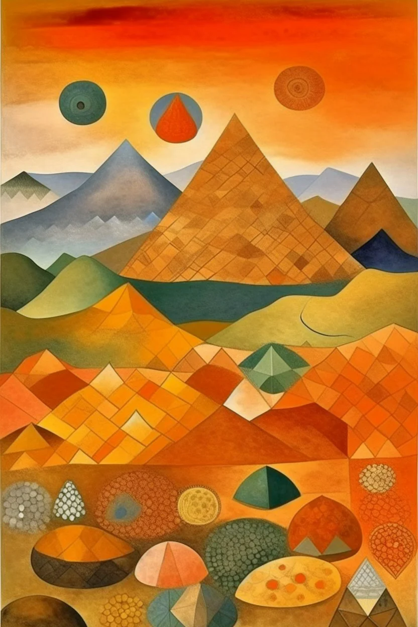 A brown mountain with amber stones painted by Paul Klee