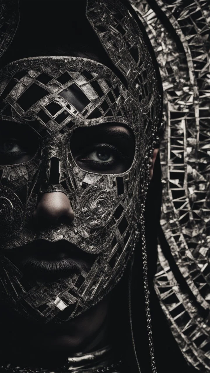 Medium close shot, a horror business punk is wearing a mirrored mosaic tile mask, ornate and shiny, intricate details, long exposure leading to the backdrop of a horrific sewer system, black tones